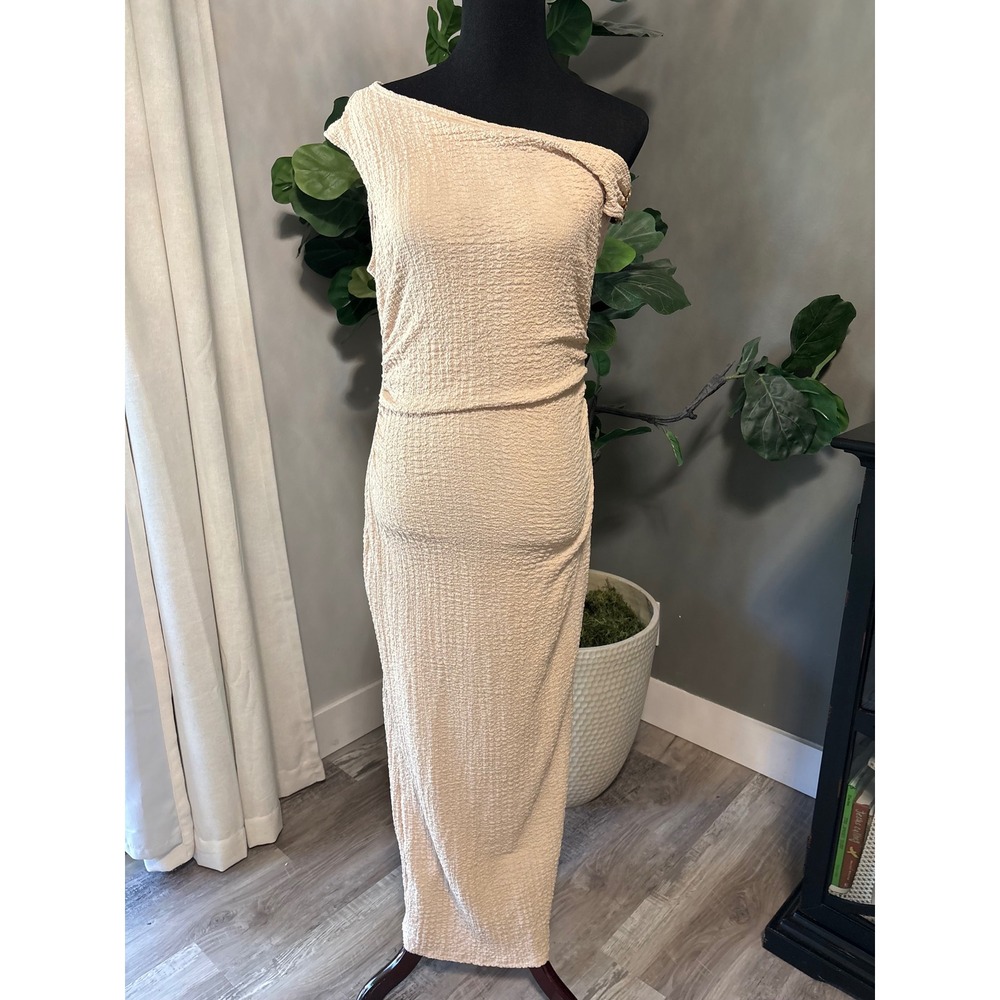 See You Monday Los Angeles Beige Popcorn Textured One Shoulder Maxi Dress XL